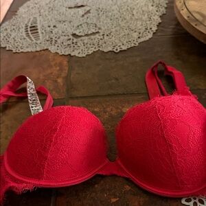 Victoria's Secret Red Lace Push-Up Bra with Embellished Strap